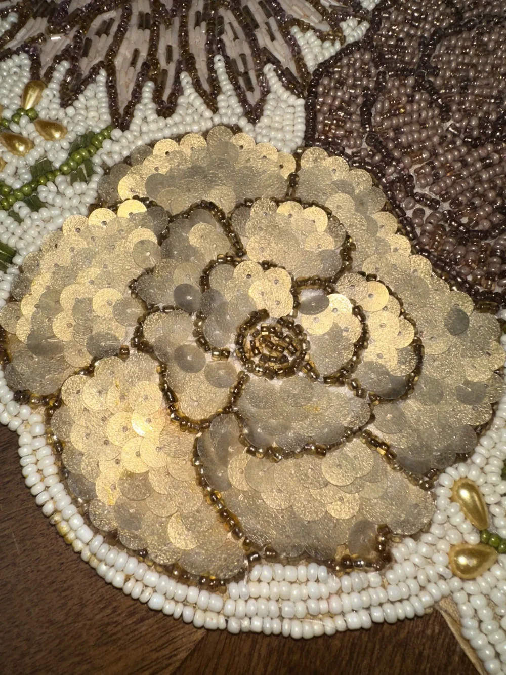 Pier One Imports Spring Floral Beaded Table Runner Gold Bronze Green Beige NICE!